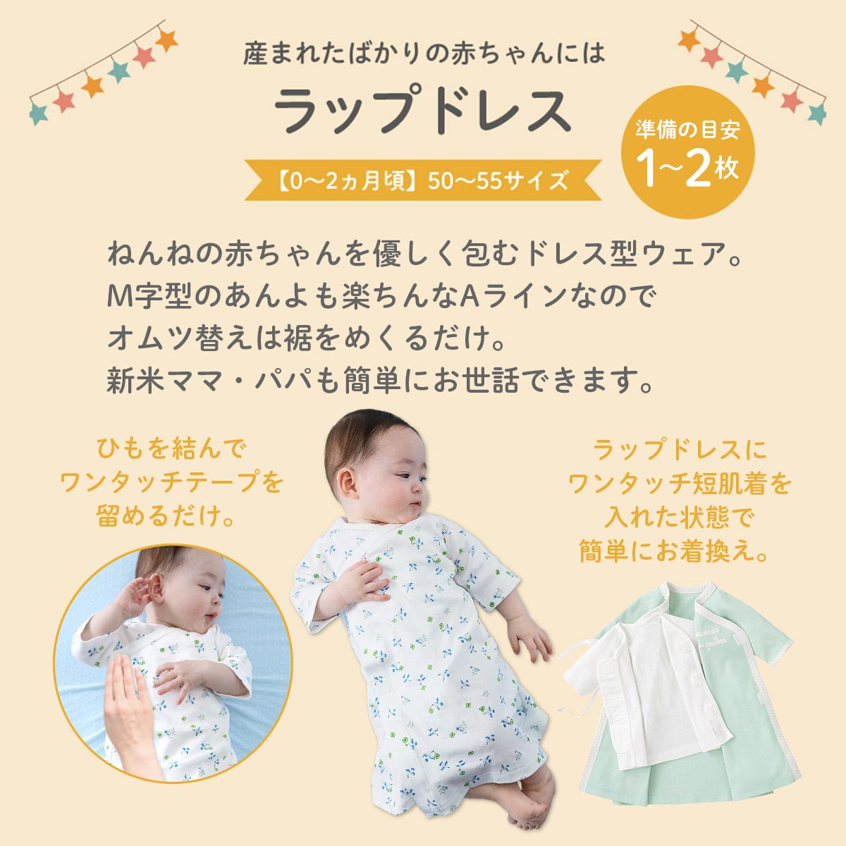 出産準備の目安は1～2枚。0～2カ月頃の生まれたばかりの新生児赤ちゃんには50～55サイズのラップドレス。