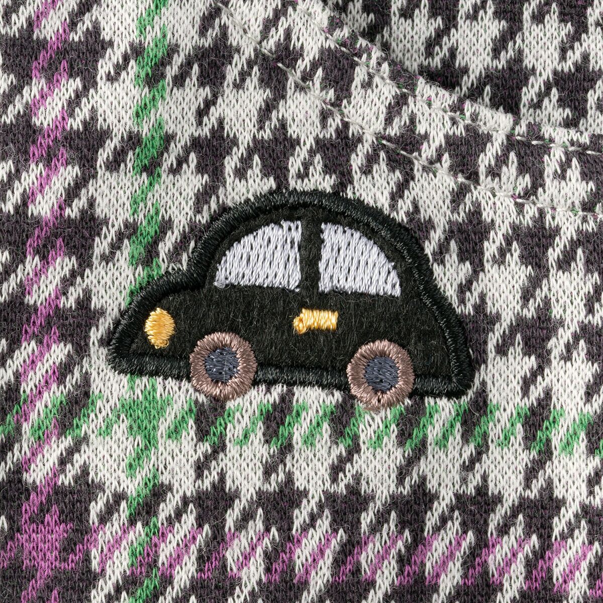 オーバーオール車アップリケ（グレンチェック ジャカード）の刺繍
